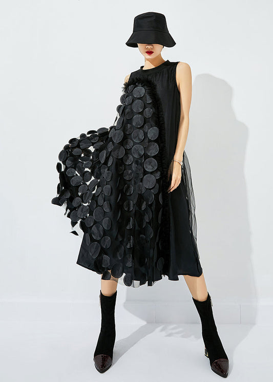 Black Asymmetrical Patchwork Wrinkled Tulle Maxi Dress Sleeveless Ly0832
