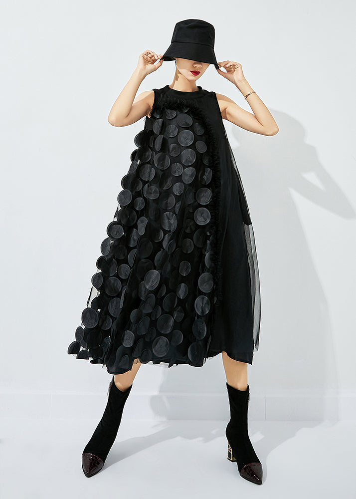 Black-blue Dot Asymmetrical Patchwork Wrinkled Tulle Maxi Dress Sleeveless Ly0871