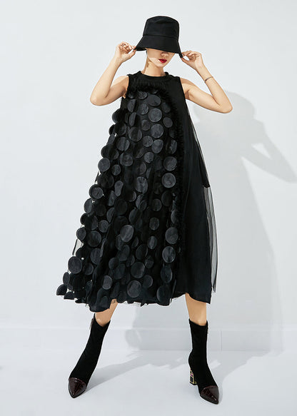 Tea Green-black Dot Asymmetrical Patchwork Wrinkled Tulle Maxi Dress Sleeveless Ly0869