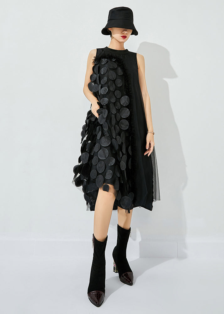Black-blue Dot Asymmetrical Patchwork Wrinkled Tulle Maxi Dress Sleeveless Ly0871