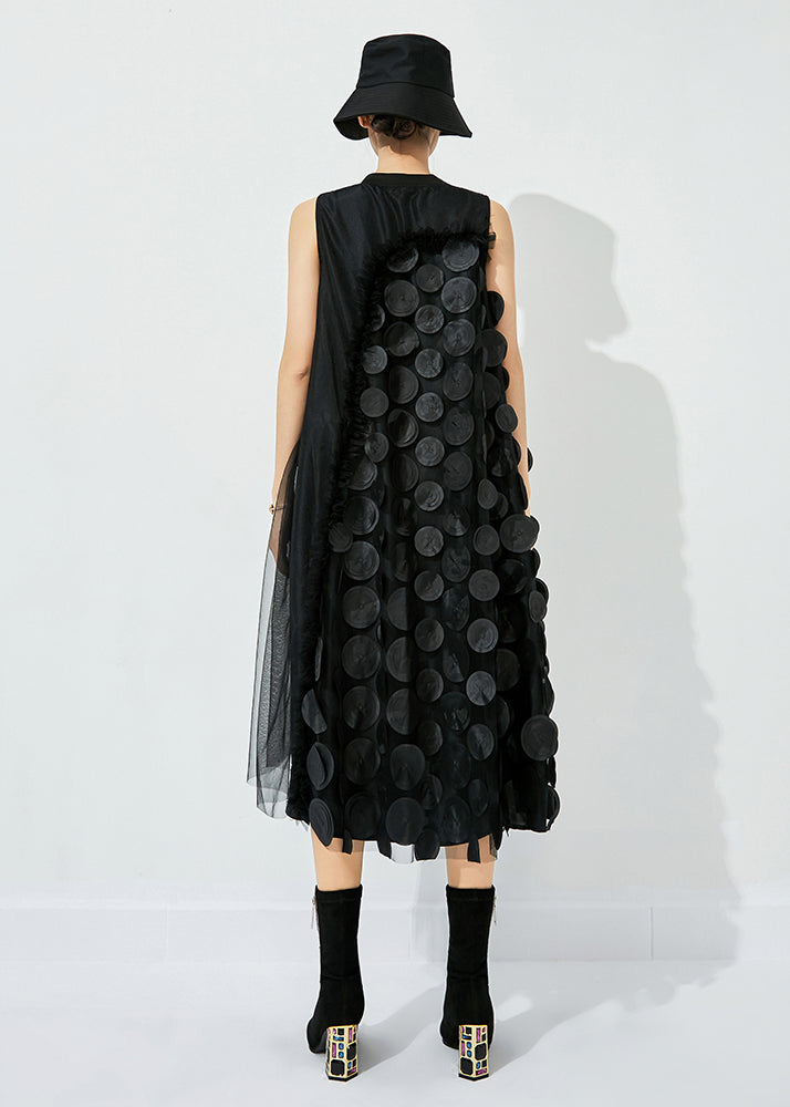 Tea Green-black Dot Asymmetrical Patchwork Wrinkled Tulle Maxi Dress Sleeveless Ly0869