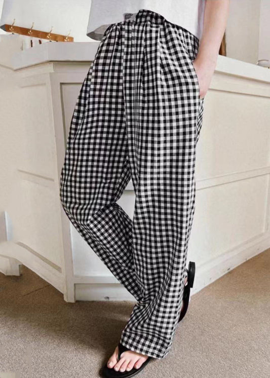 Black Elastic Waist Plaid Linen Wide Leg Pants Spring Ly1364