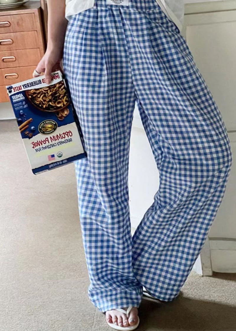 Black Elastic Waist Plaid Linen Wide Leg Pants Spring Ly1364