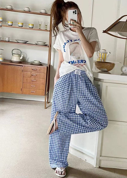 Black Elastic Waist Plaid Linen Wide Leg Pants Spring Ly1364