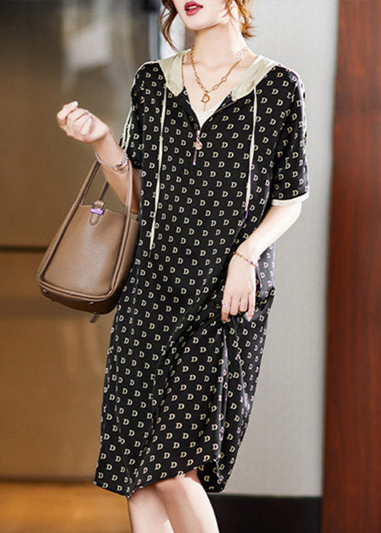 Black Graphic Print Patchwork Neck Tie Hooded Maxi Dresses Short Sleeve Ly1528