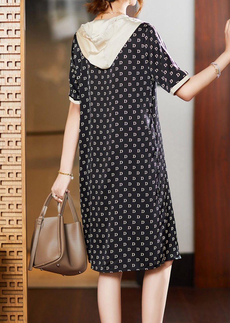 Black Graphic Print Patchwork Neck Tie Hooded Maxi Dresses Short Sleeve Ly1528