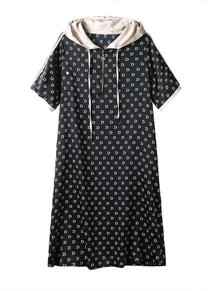 Black Graphic Print Patchwork Neck Tie Hooded Maxi Dresses Short Sleeve Ly1528