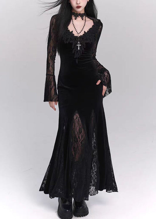 Black Hollow Out Lace Patchwork Silk Velvet Maxi Dresses Flare Sleeve Yt034