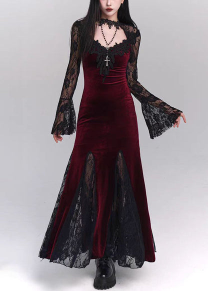 Black Hollow Out Lace Patchwork Silk Velvet Maxi Dresses Flare Sleeve Yt034
