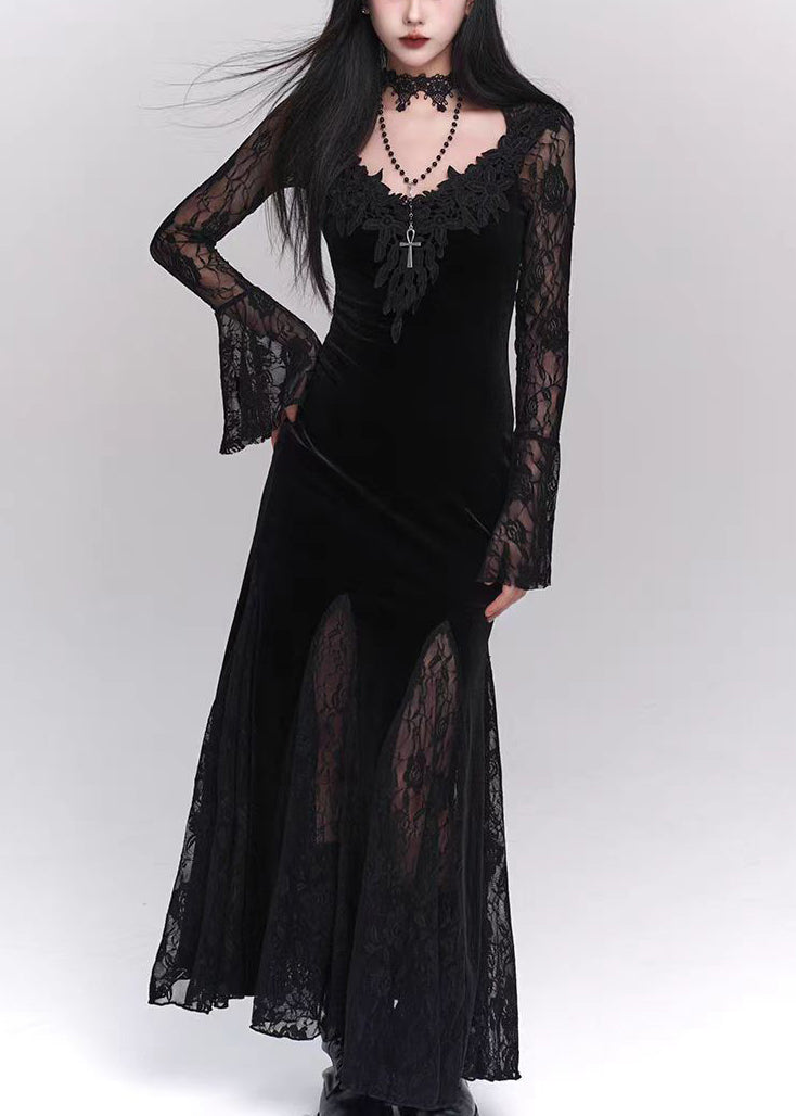 Black Hollow Out Lace Patchwork Silk Velvet Maxi Dresses Flare Sleeve Yt034