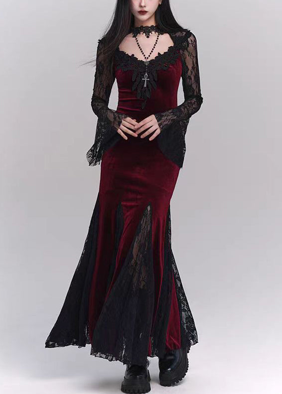 Black Hollow Out Lace Patchwork Silk Velvet Maxi Dresses Flare Sleeve Yt034