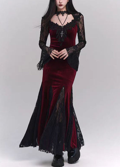 Black Hollow Out Lace Patchwork Silk Velvet Maxi Dresses Flare Sleeve Yt034