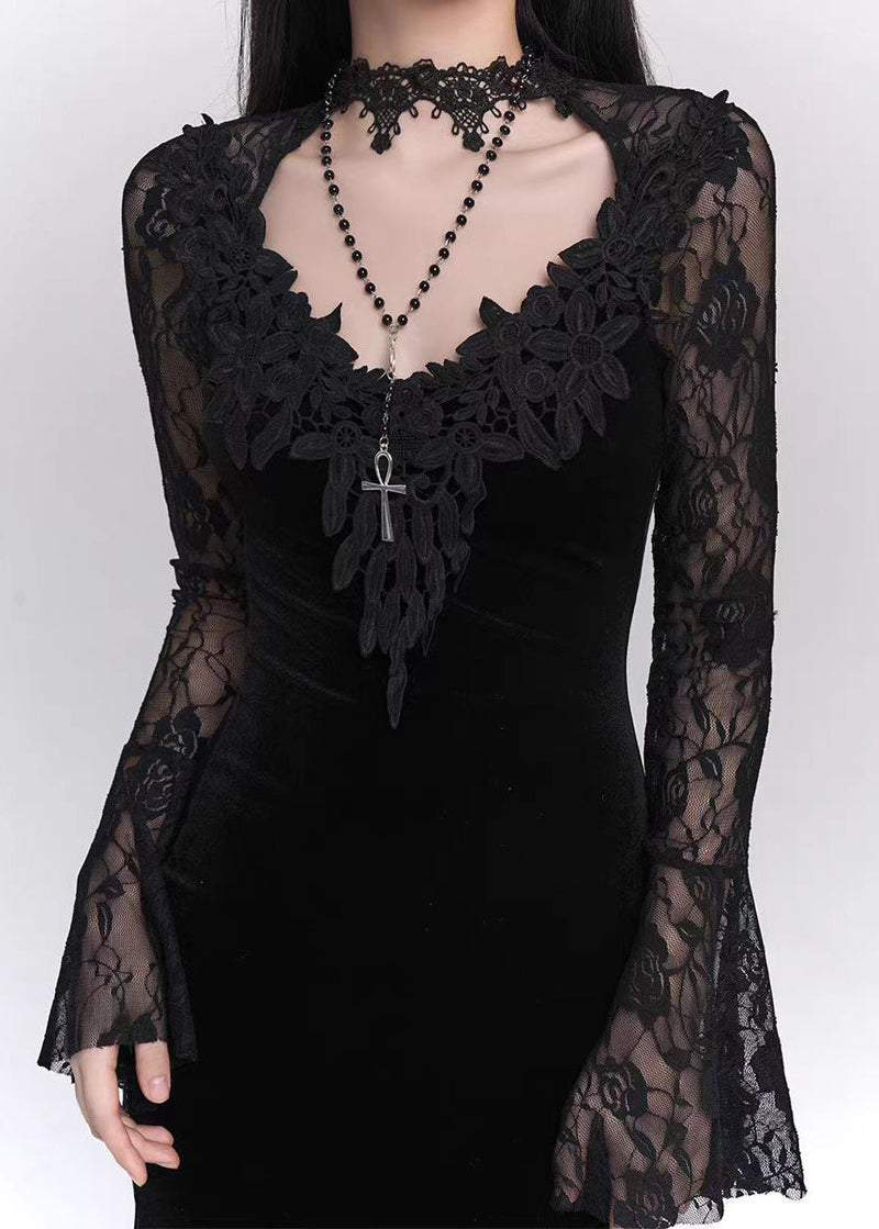 Black Hollow Out Lace Patchwork Silk Velvet Maxi Dresses Flare Sleeve Yt034
