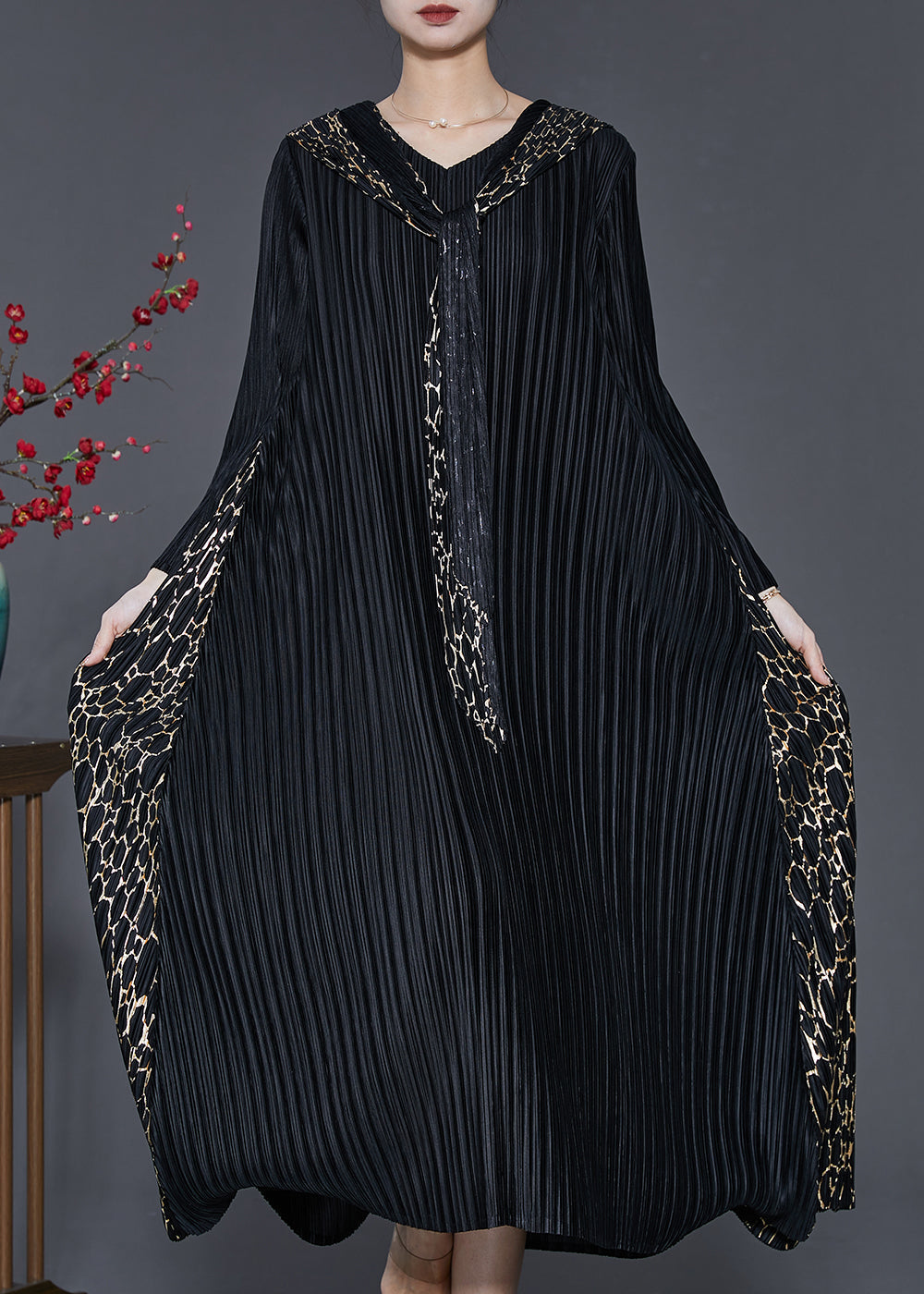 Black Hooded Patchwork Wrinkled Maxi Dresses Spring Sd1065