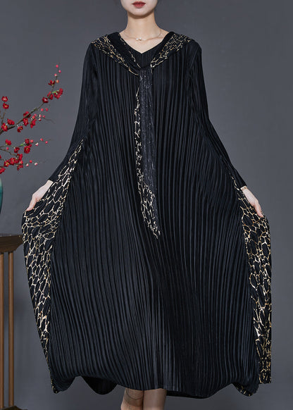 Black Hooded Patchwork Wrinkled Maxi Dresses Spring Sd1065