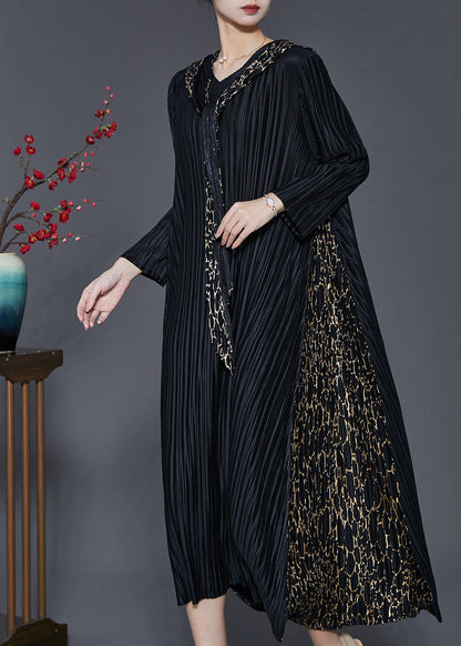 Black Hooded Patchwork Wrinkled Maxi Dresses Spring Sd1065