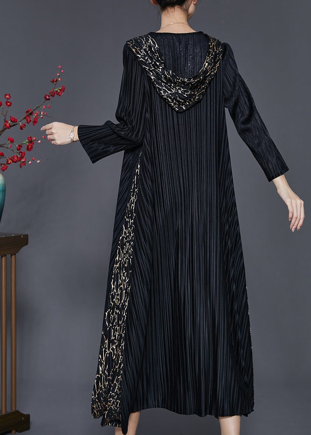 Black Hooded Patchwork Wrinkled Maxi Dresses Spring Sd1065