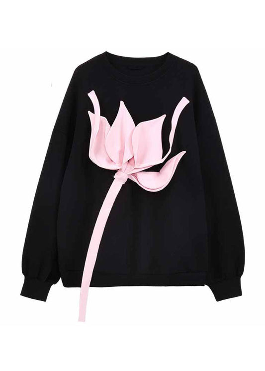 Black O Neck Patchwork Cotton Loose Sweatshirts Top Spring Ly0768