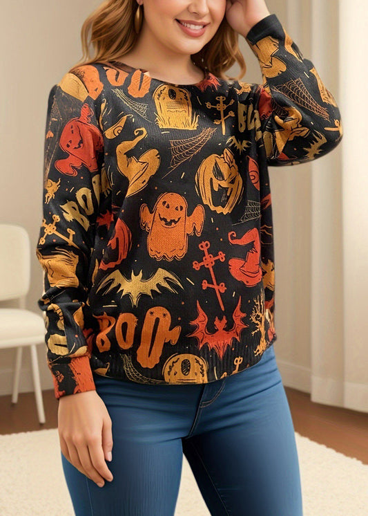 Black O Neck Print Cozy Knit Sweaters Fall Ae1008