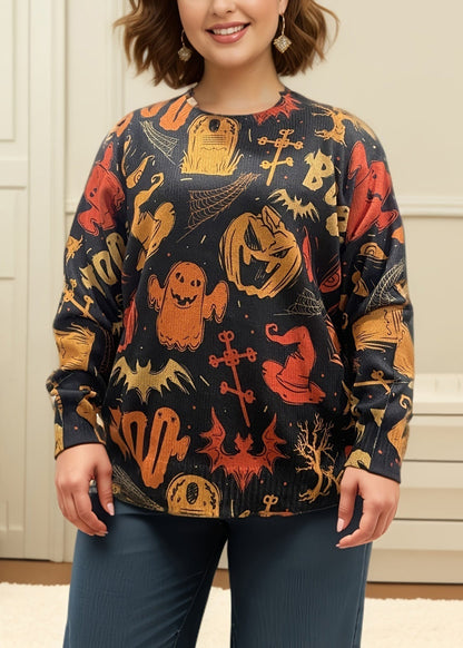 Black O Neck Print Cozy Knit Sweaters Fall Ae1008