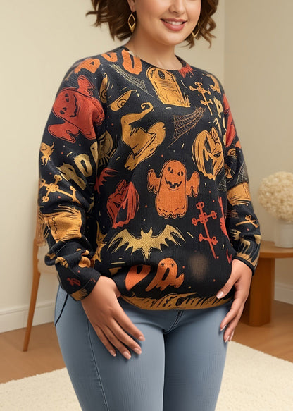 Black O Neck Print Cozy Knit Sweaters Fall Ae1008