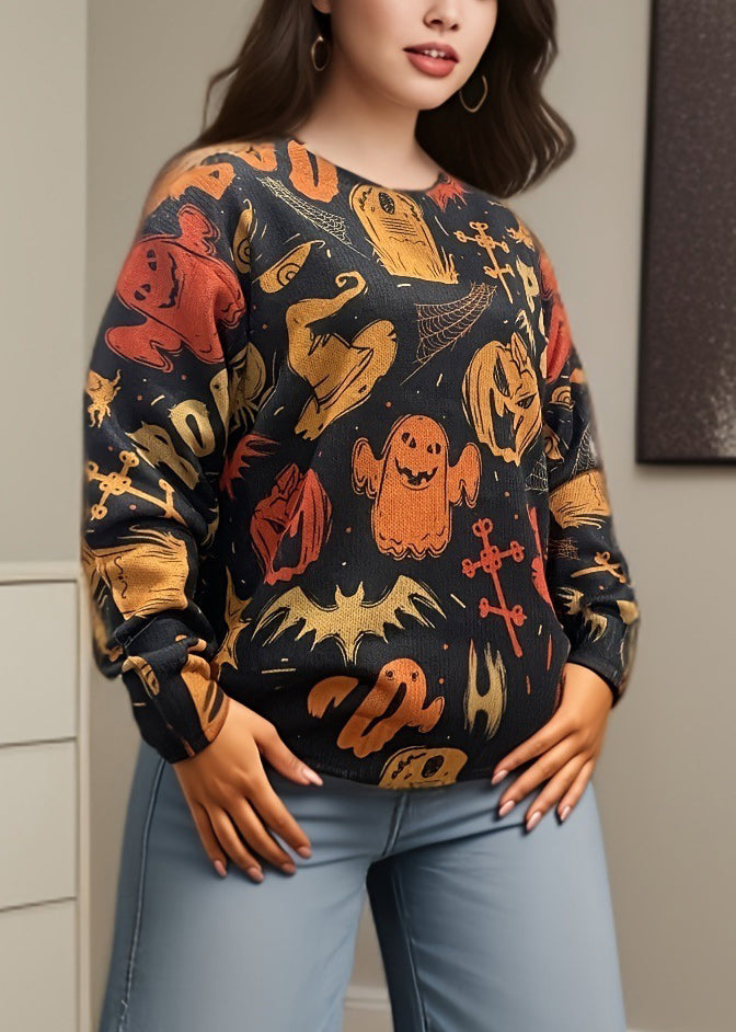 Black O Neck Print Cozy Knit Sweaters Fall Ae1008