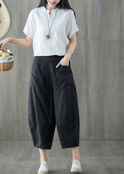 Black Oversized Patchwork Pockets Linen Harem Pants Summer Ly1509