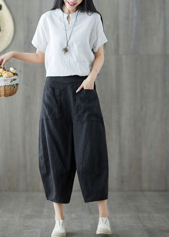 Black Oversized Patchwork Pockets Linen Harem Pants Summer Ly1509