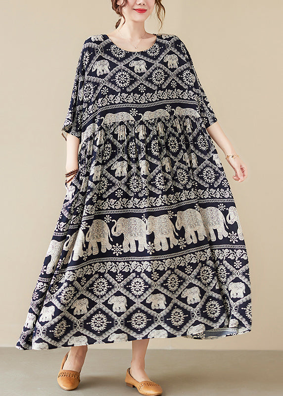 Loose Black O-neck Print Maxi Dress Half Sleeve Vb1010