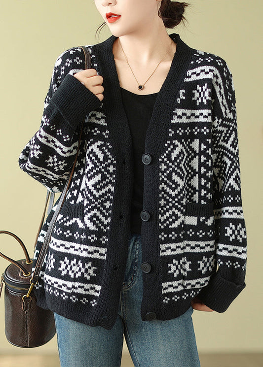Black Oversized Print Knit Cardigan Spring Tm006