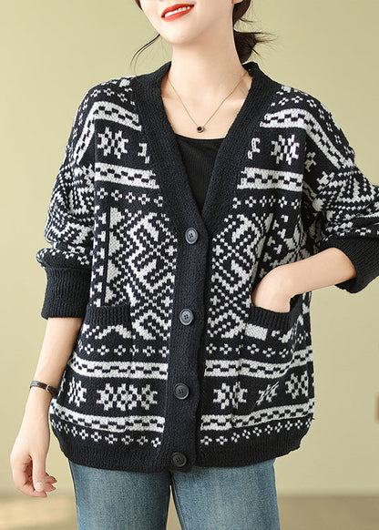Black Oversized Print Knit Cardigan Spring Tm006