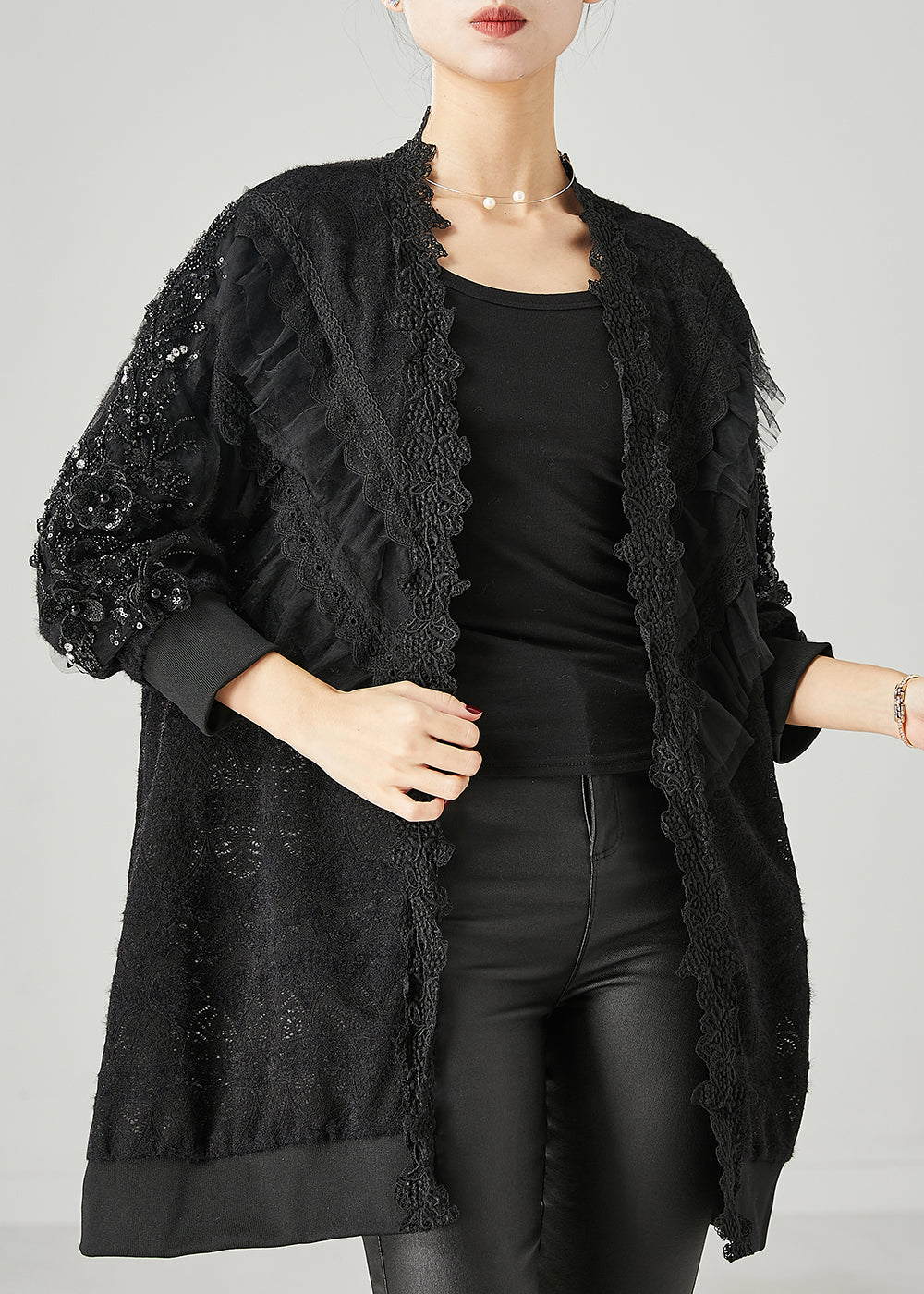 Black Ruffled Nail Bead Lace Cardigan Spring Yu1048