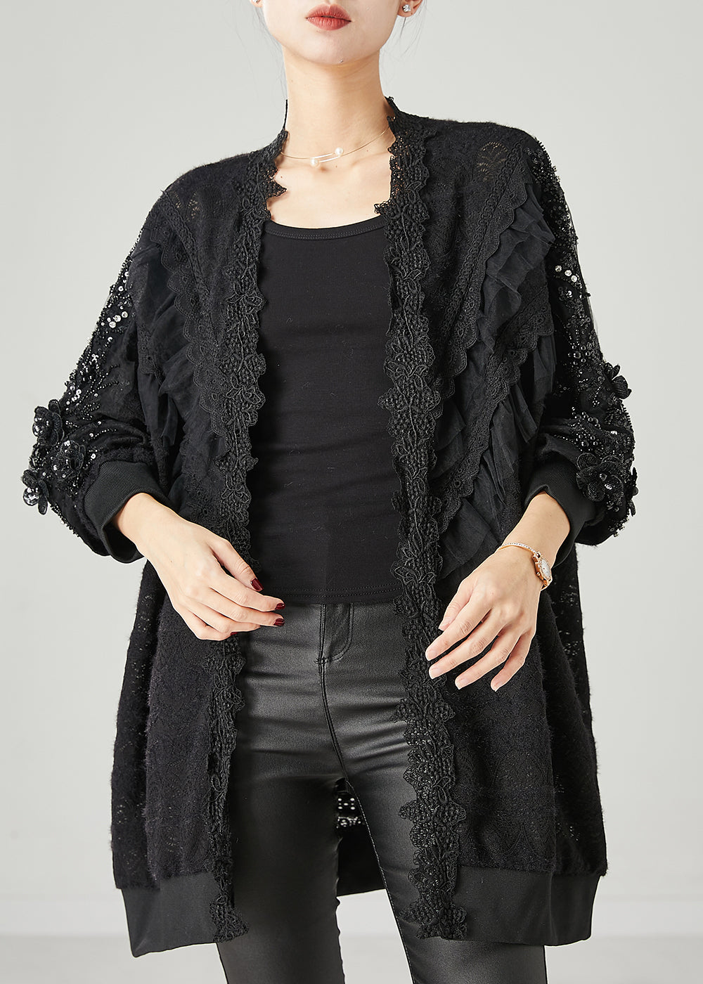 Black Ruffled Nail Bead Lace Cardigan Spring Yu1048