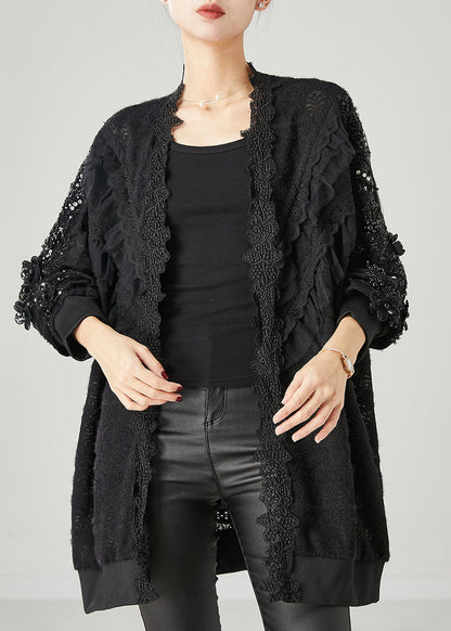 Black Ruffled Nail Bead Lace Cardigan Spring Yu1048