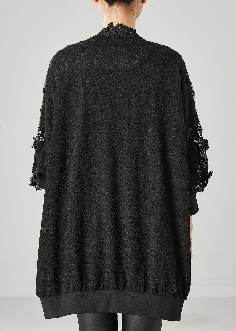 Black Ruffled Nail Bead Lace Cardigan Spring Yu1048