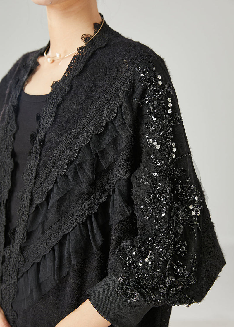 Black Ruffled Nail Bead Lace Cardigan Spring Yu1048
