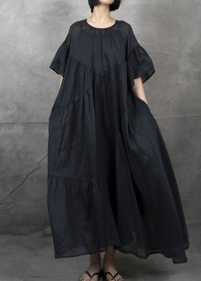 Black Wrinkled Patchwork Maxi Dress Short Sleeve Gh1043
