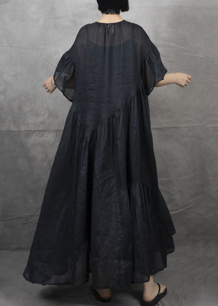 Black Wrinkled Patchwork Maxi Dress Short Sleeve Gh1043
