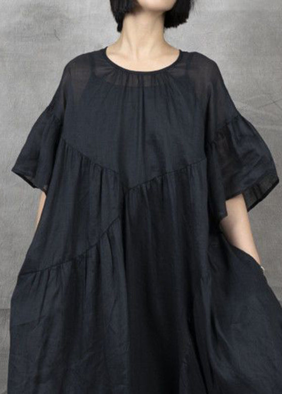 Black Wrinkled Patchwork Maxi Dress Short Sleeve Gh1043