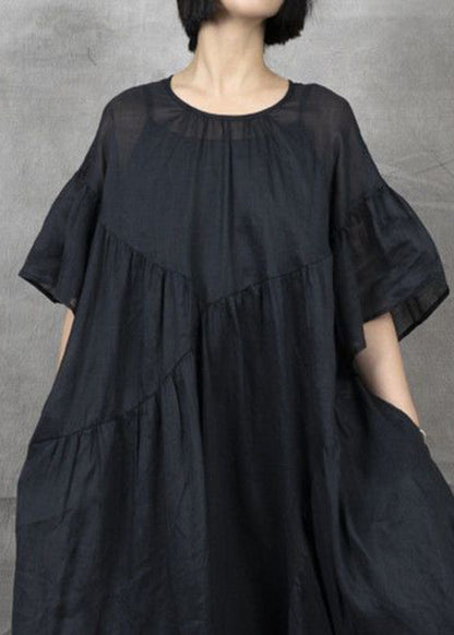 Black Wrinkled Patchwork Maxi Dress Short Sleeve Gh1043