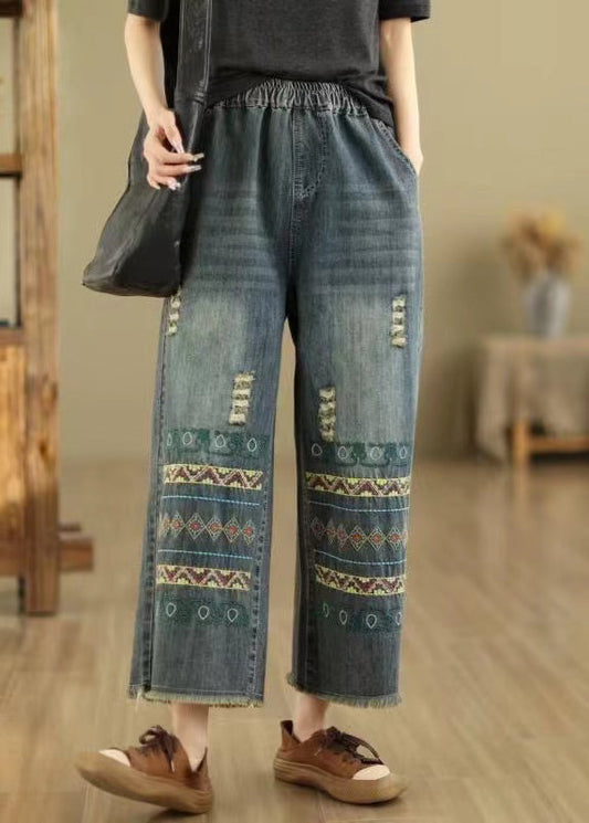 Blue Embroidered Pockets Denim Wide Leg Pants Spring Qq1036