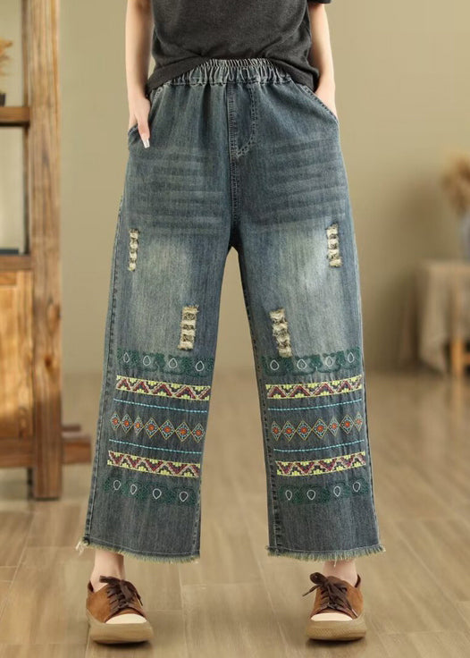 Blue Embroidered Pockets Denim Wide Leg Pants Spring Qq1036