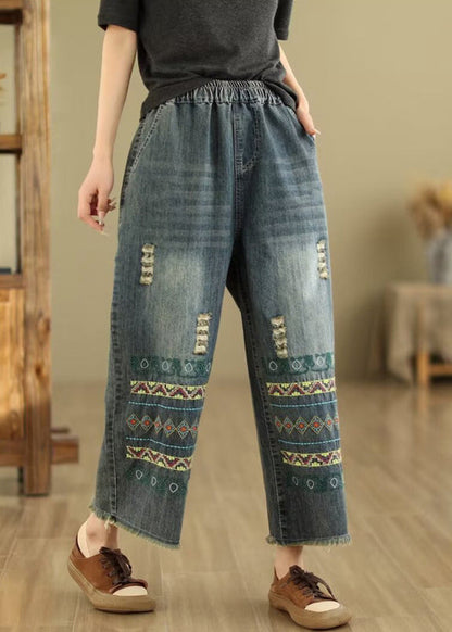 Blue Embroidered Pockets Denim Wide Leg Pants Spring Qq1036