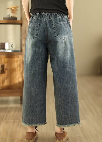 Blue Embroidered Pockets Denim Wide Leg Pants Spring Qq1036