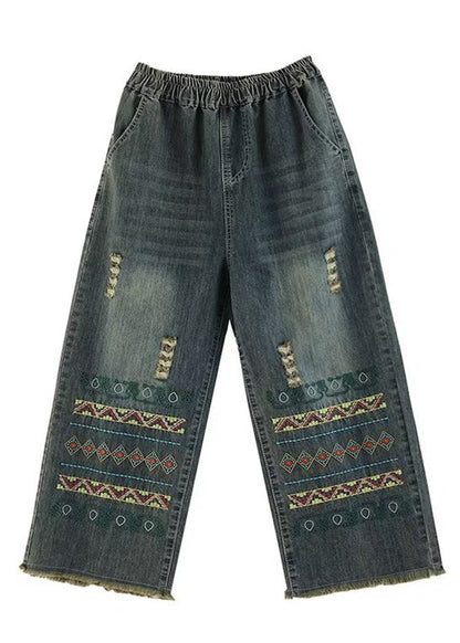 Blue Embroidered Pockets Denim Wide Leg Pants Spring Qq1036
