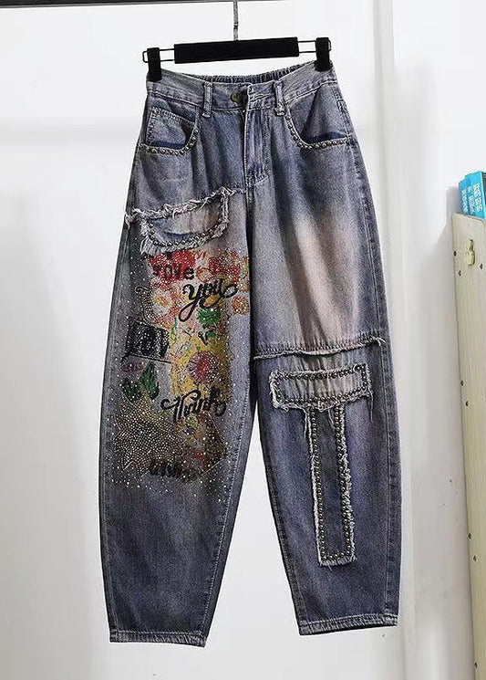 Blue Pockets Diy Zircon Rivet Denim Pants Spring Qq1049