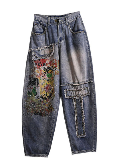 Blue Pockets Diy Zircon Rivet Denim Pants Spring Qq1049