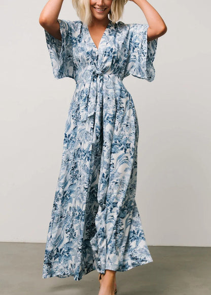 Blue Print Lace Up Pockets Cotton Jumpsuit Summer Au1010