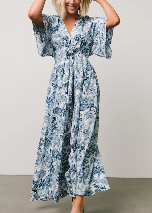 Blue Print Lace Up Pockets Cotton Jumpsuit Summer Au1010