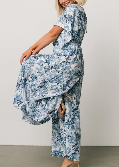 Blue Print Lace Up Pockets Cotton Jumpsuit Summer Au1010